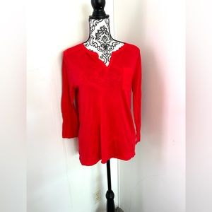 Lucky Brand Women’s Red Split Crew Neck Chest Pocket 3/4 Sleeve Top M